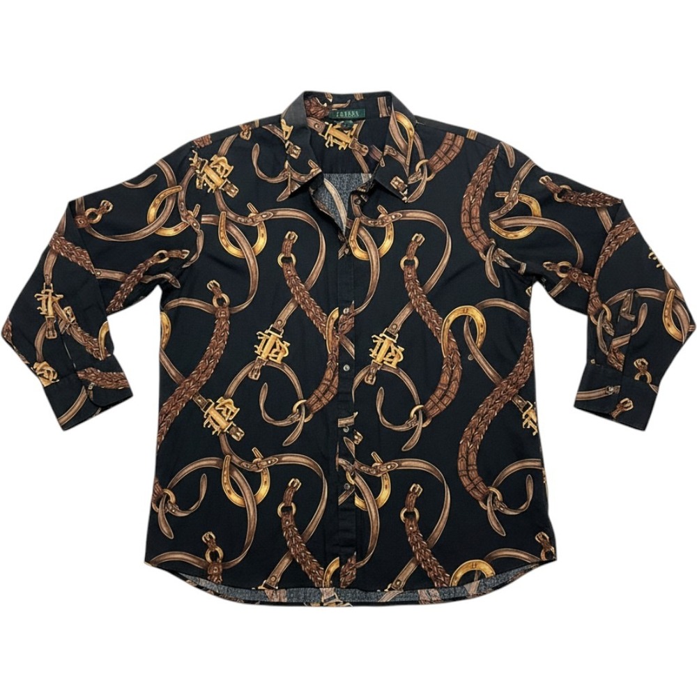 Lauren Ralph Lauren Equestrian Belt Print Cotton Button Down Shirt Black 2X